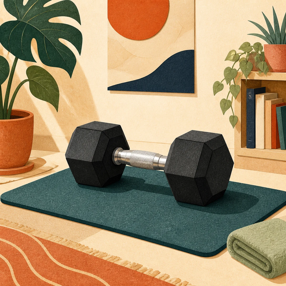 Editorial illustration of a single black rubber hex dumbbell resting on an exercise mat