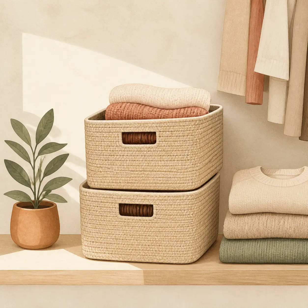 Illustration of a stackable closet basket set