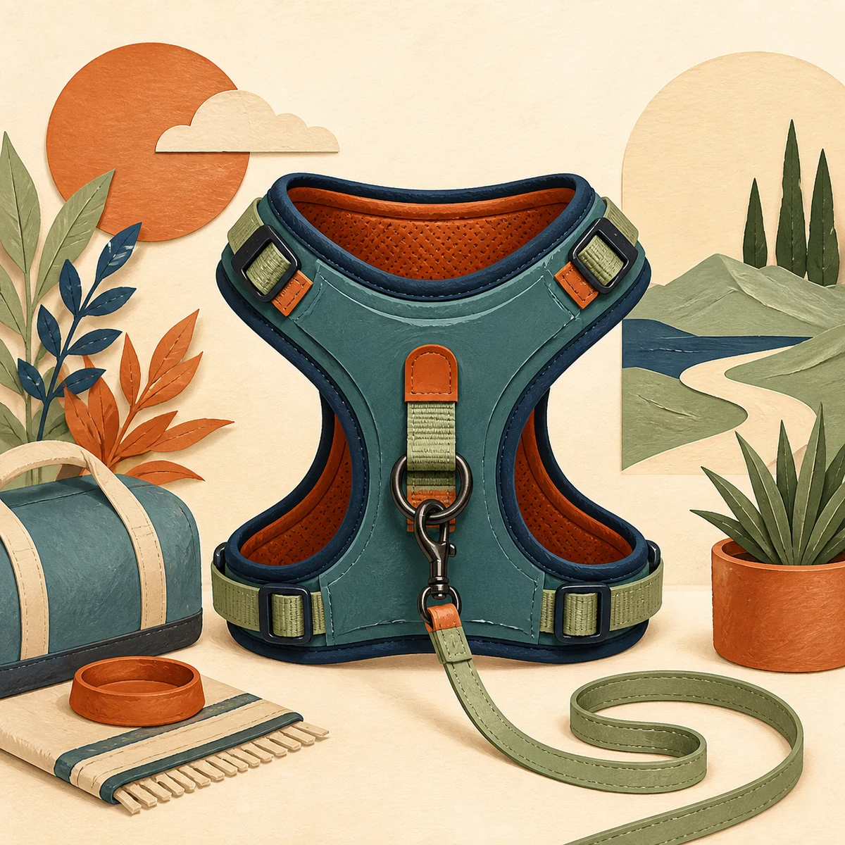 Editorial illustration of an adjustable no-pull dog harness with a front leash attachment