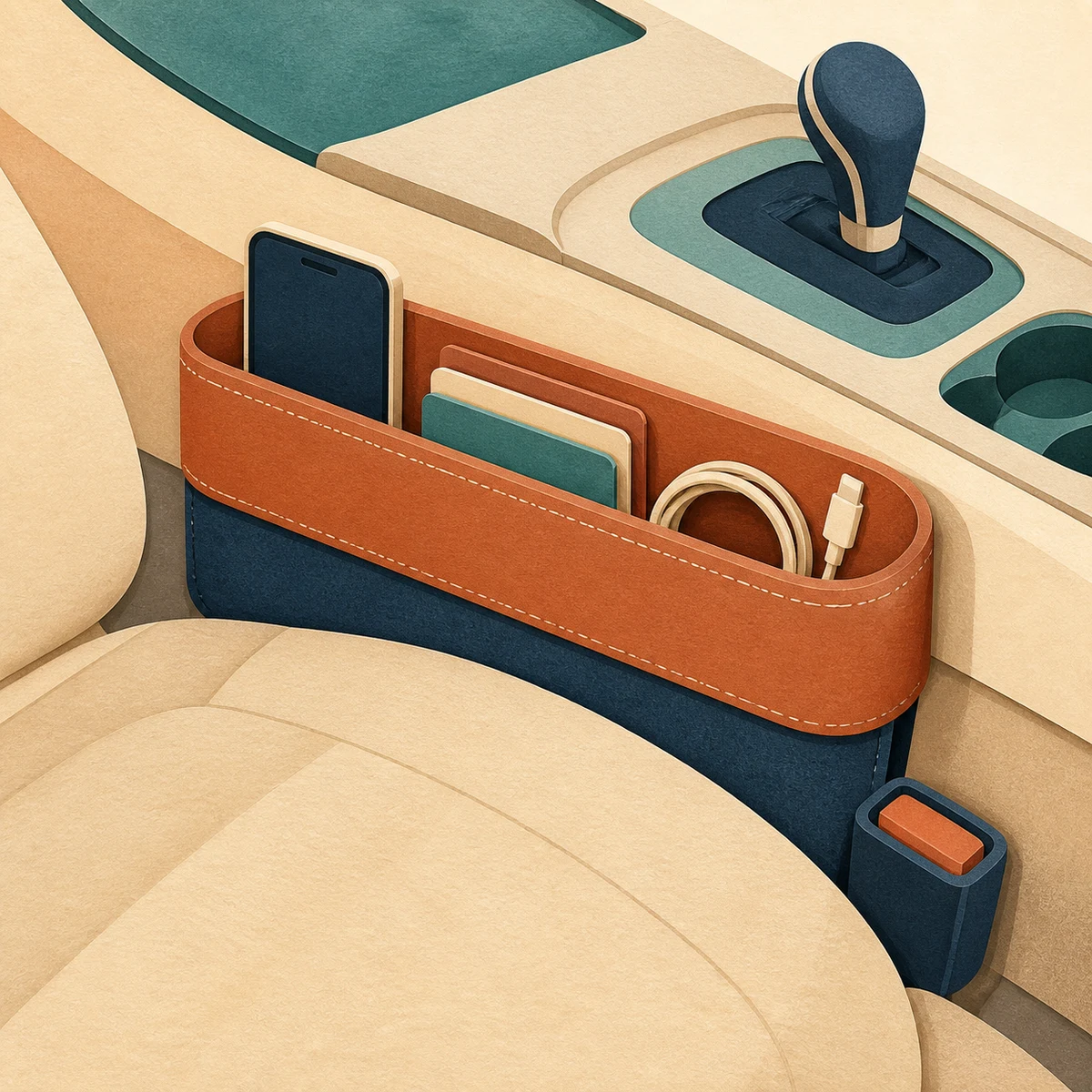 Illustration of a seat-gap organizer pocket holding a phone, cards and a cable