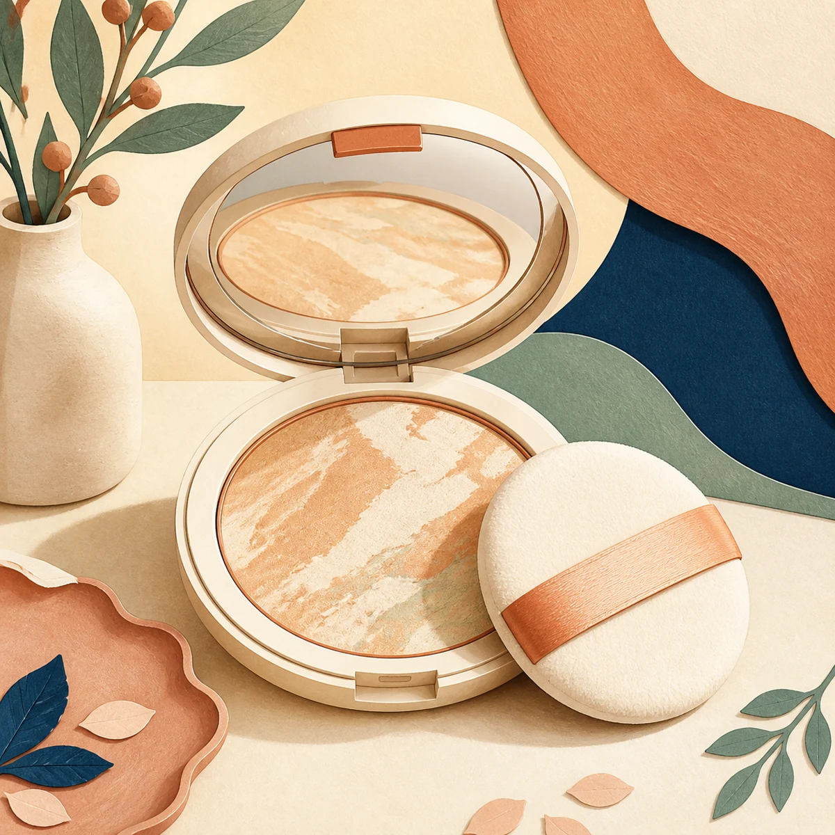 Illustration of an open baked powder foundation compact with a mirror and a round powder puff