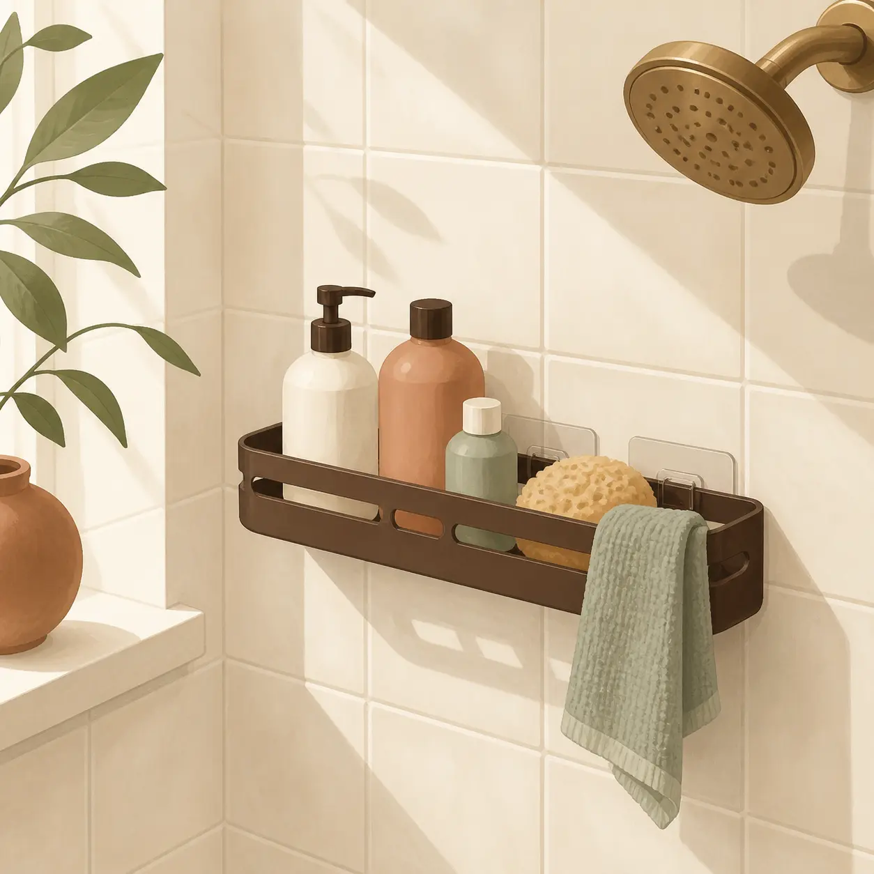 Illustration of a no-drill shower caddy