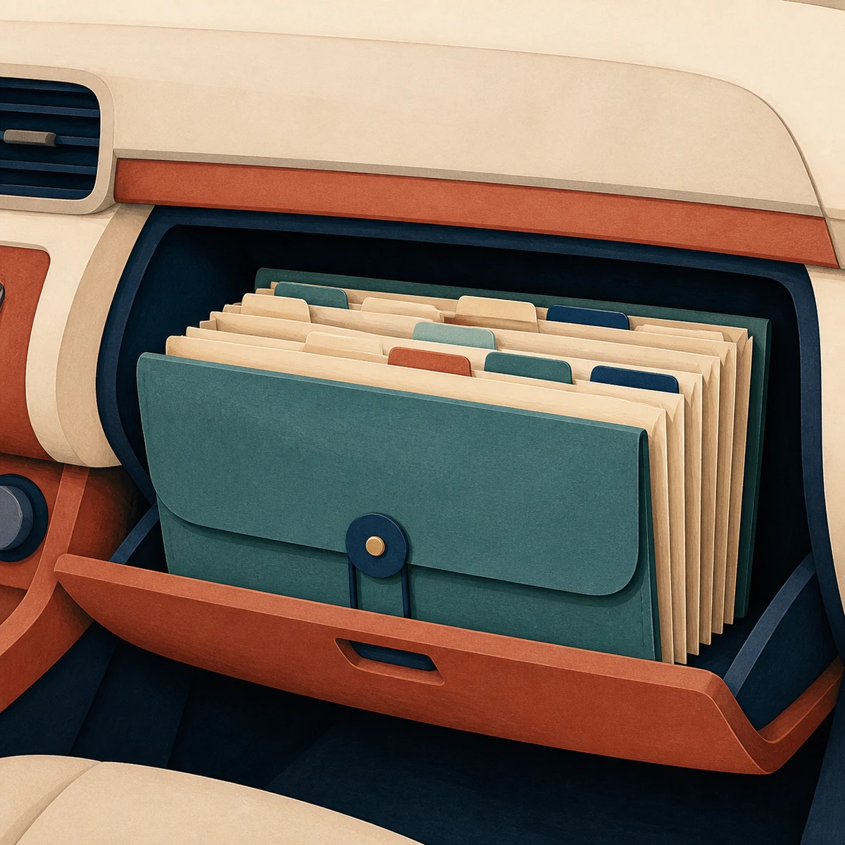 Illustration of an expanding document folder with tabbed files in a car glovebox