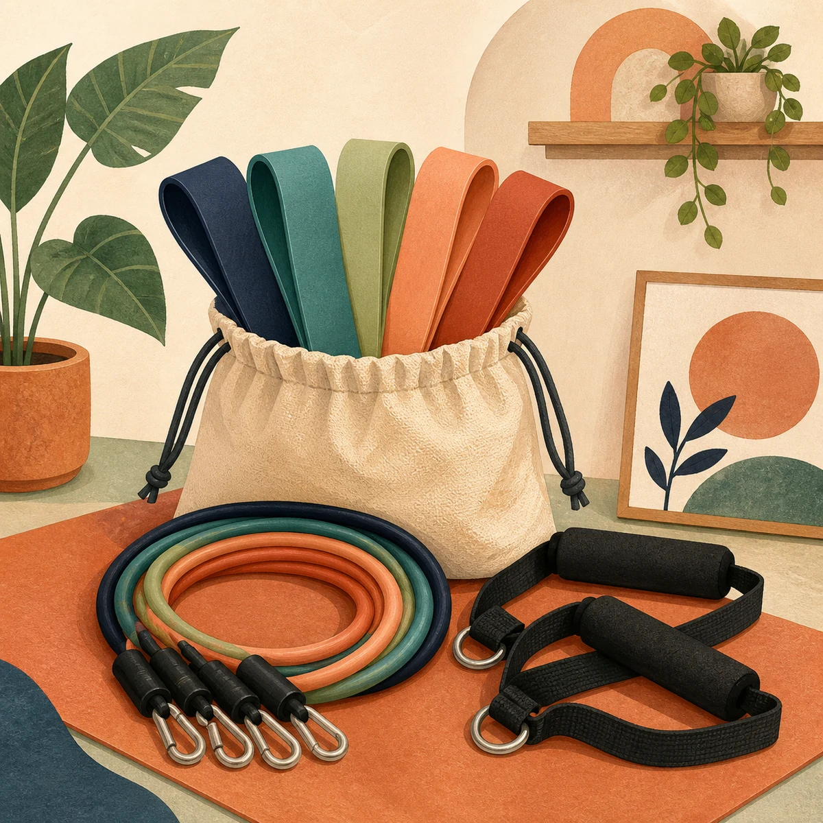 Editorial illustration of a resistance-band set with five strengths, handles and a storage pouch