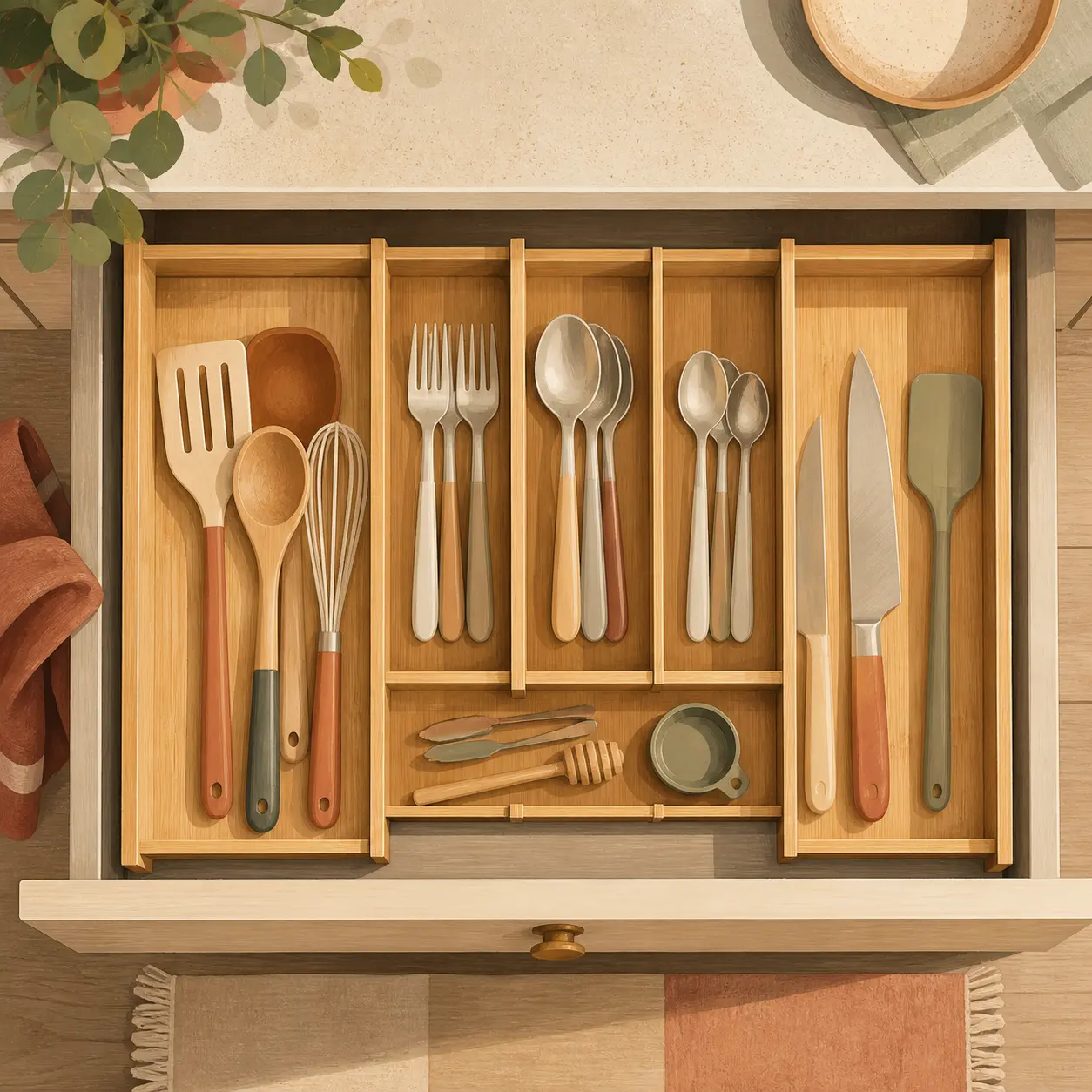 Illustration of an expandable utensil drawer organizer