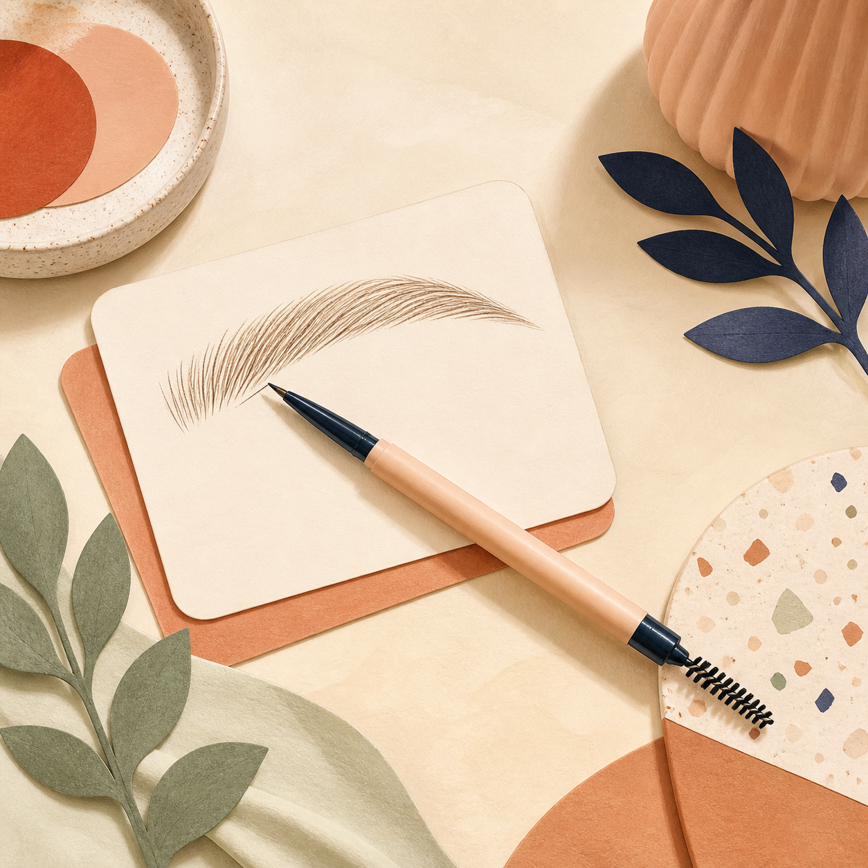 Editorial illustration of a dual-ended brow pencil and spoolie beside a softly drawn eyebrow