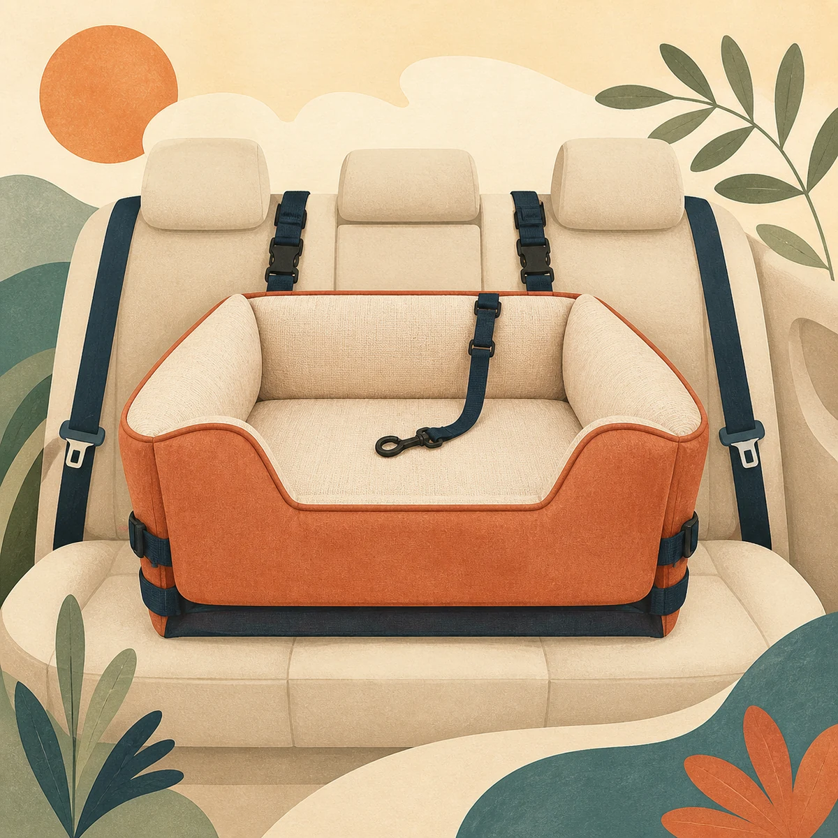 Editorial illustration of an elevated bolstered dog car seat secured across a rear seat