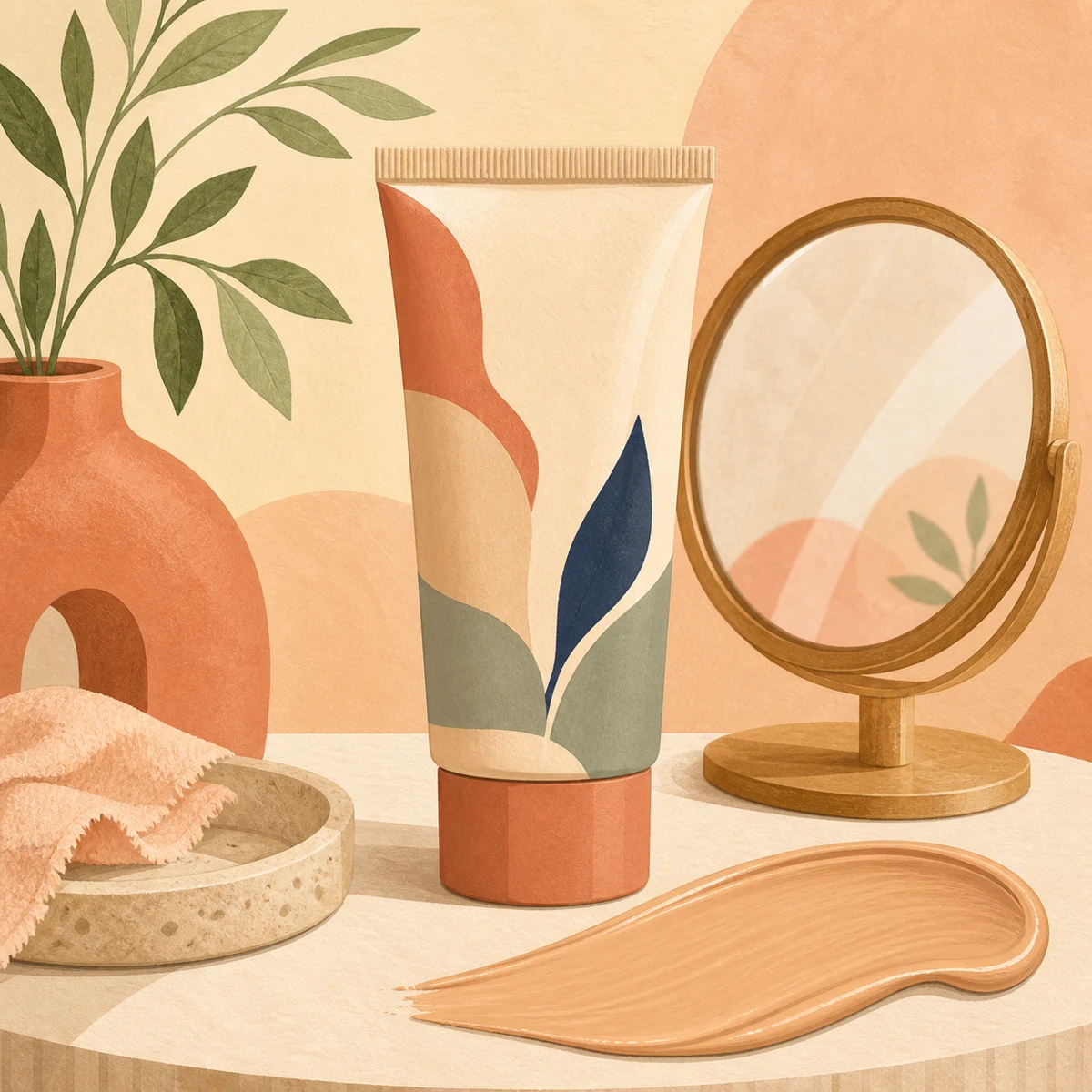 Illustration of a patterned BB cream tube beside a vanity mirror and a rich tinted swatch
