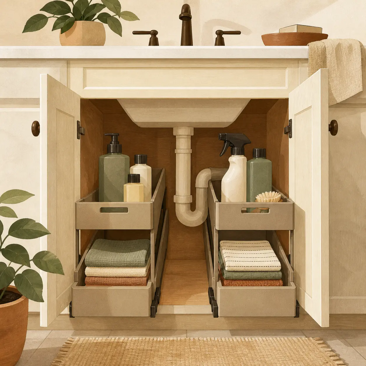 Illustration of a pull-out under-sink organizer
