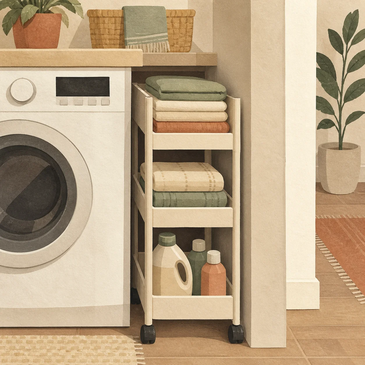 Illustration of a slim rolling laundry cart