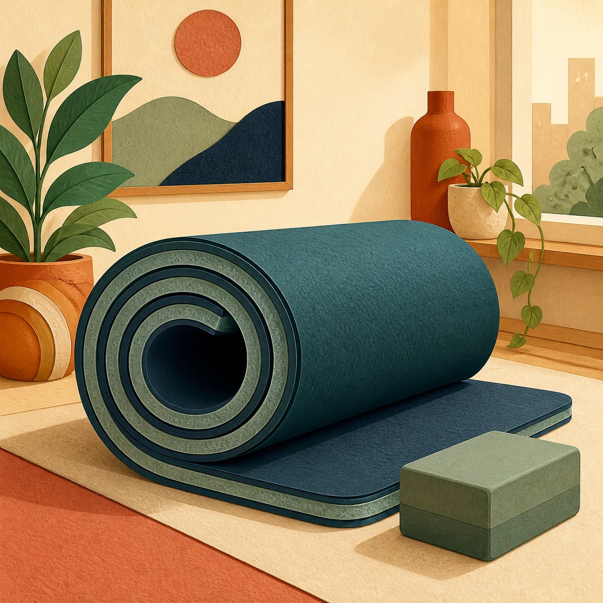 Editorial illustration of a rolled extra-thick exercise mat with layered cushioning and a yoga block