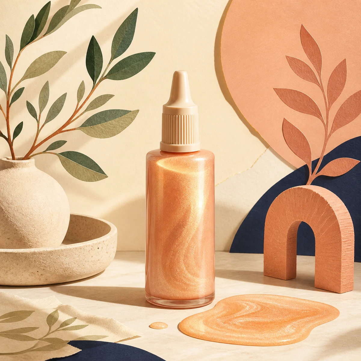 Illustration of a dropper bottle of liquid glow enhancer with a shimmering pool of illuminator