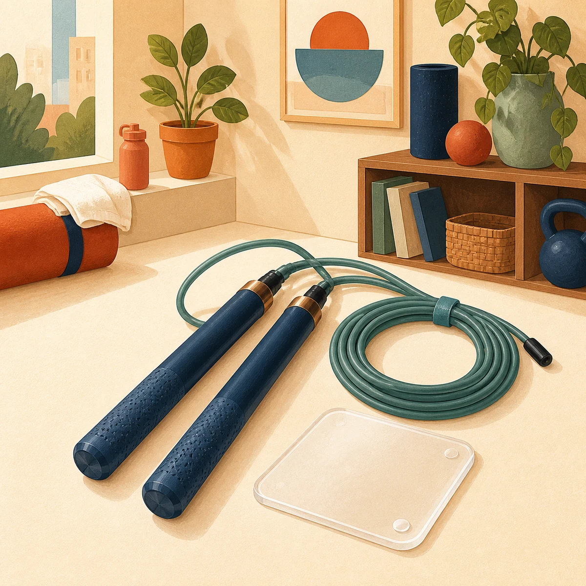 Editorial illustration of an adjustable speed jump rope with textured handles in a compact home gym