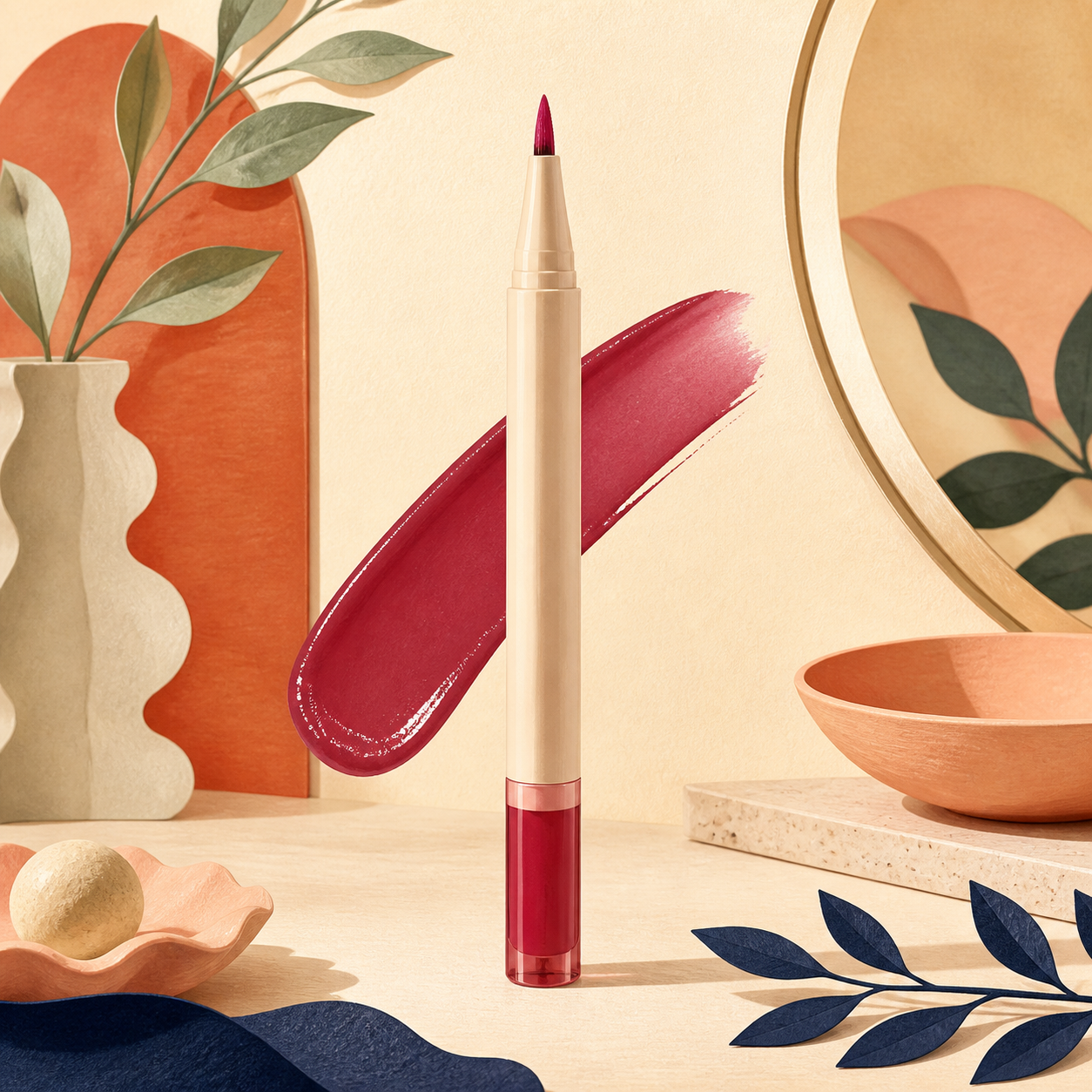 Editorial illustration of a longwear lip stain pen with a berry-colored swatch