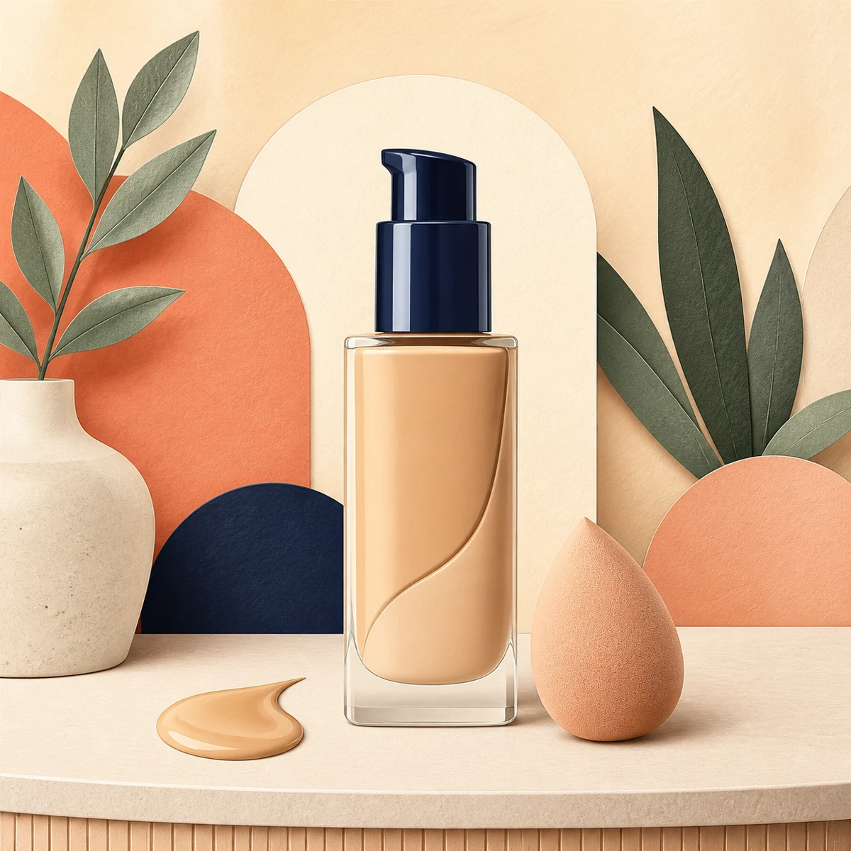 Illustration of a glass pump bottle of color-adapting liquid foundation with a blending sponge and a swatch
