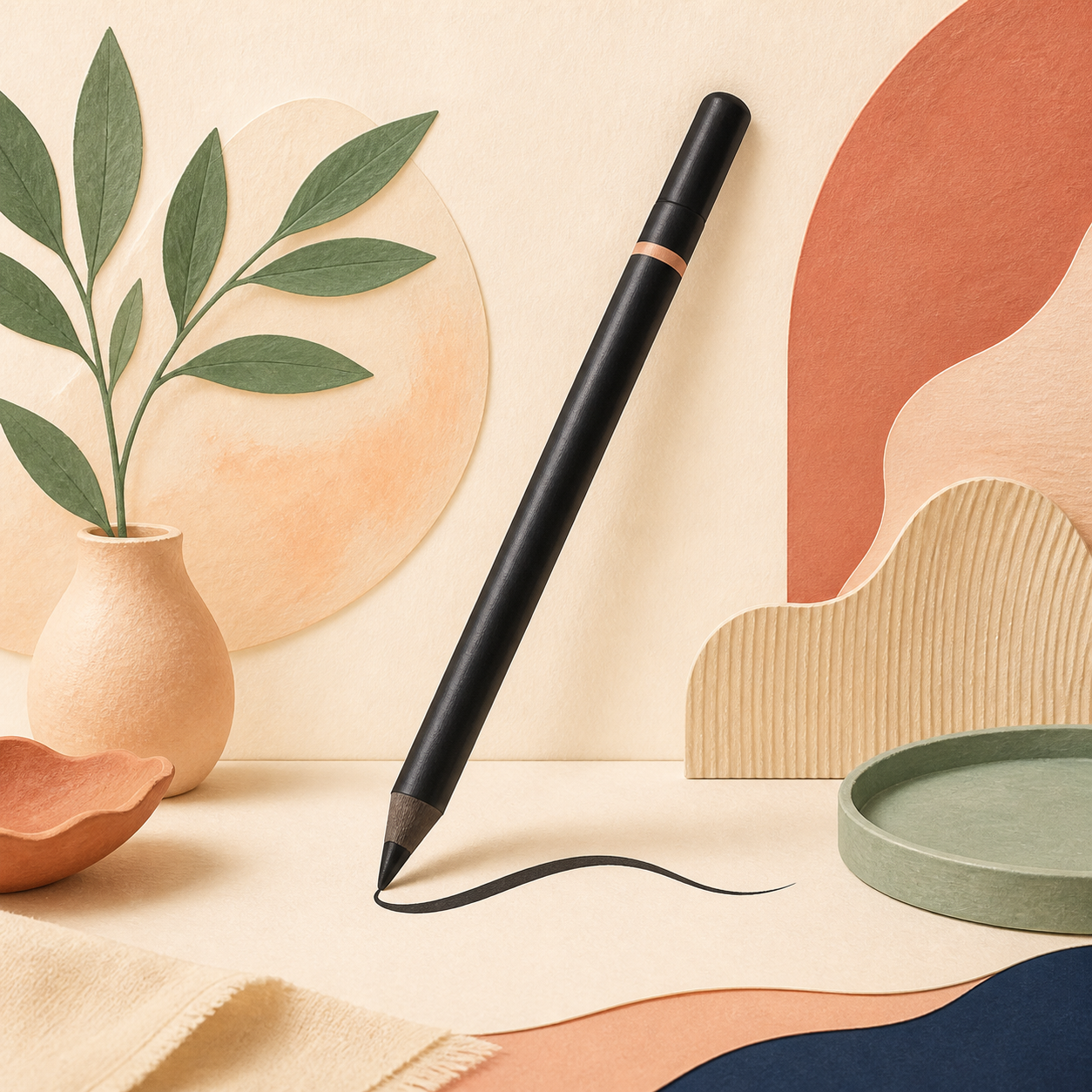 Editorial illustration of a black pencil eyeliner drawing a smooth line
