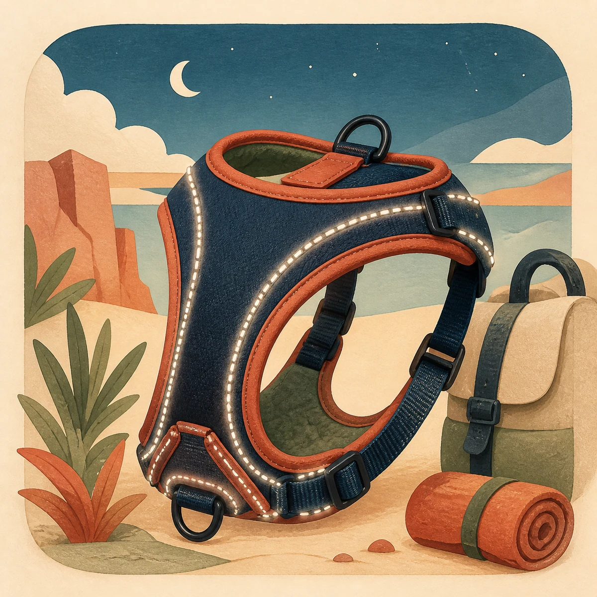 Editorial illustration of a reflective dog harness glowing along the trim for evening travel