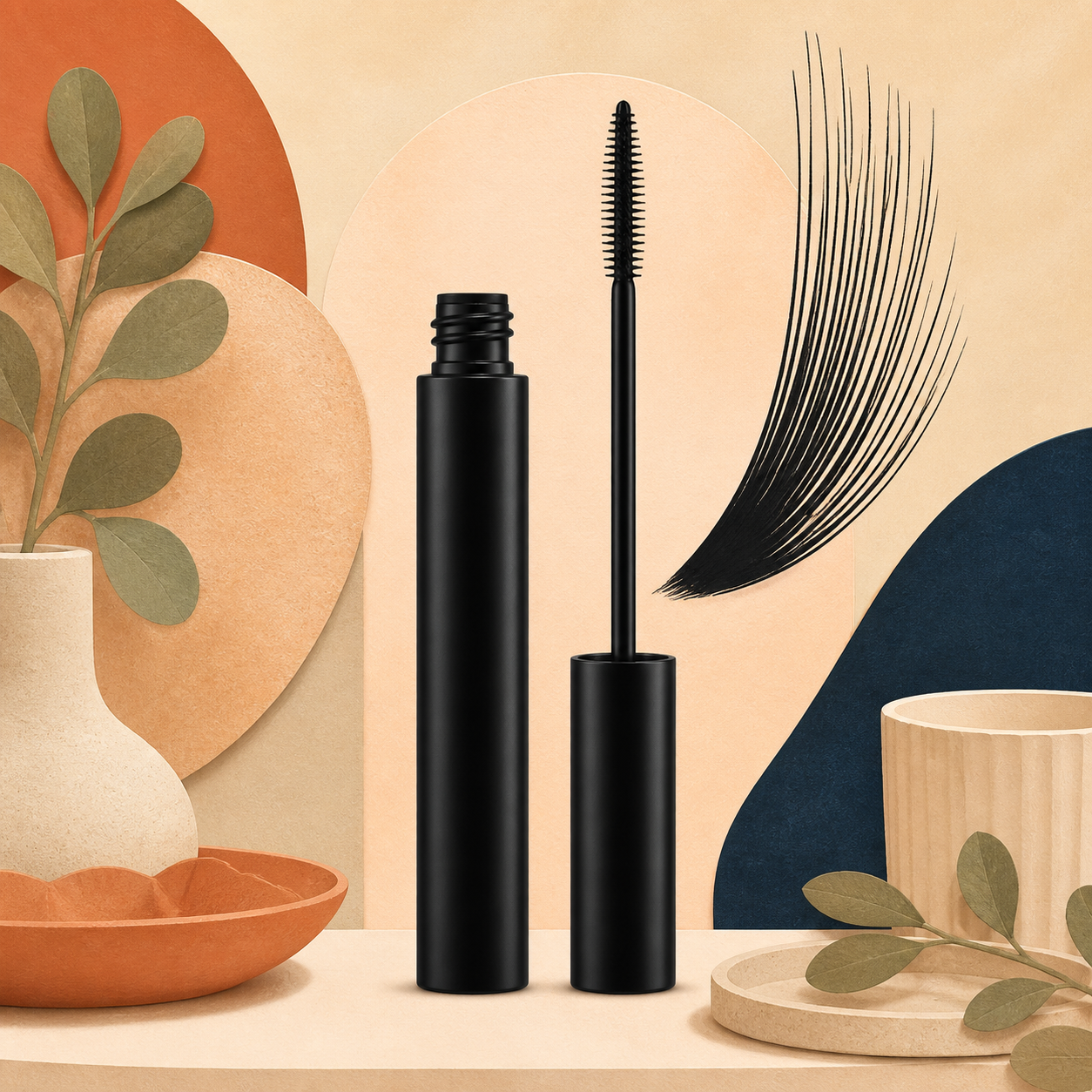 Editorial illustration of an open black lengthening mascara with a slim brush and fanned black lashes