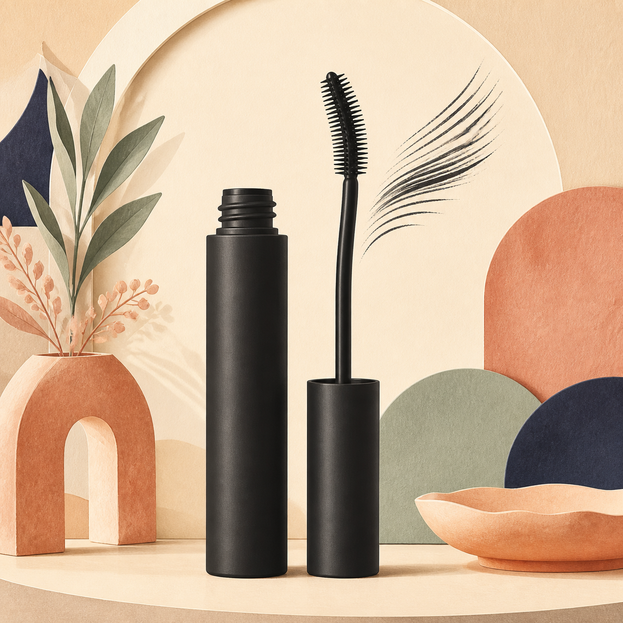 Editorial illustration of an open very-black mascara with a curved brush and softly fanned lashes