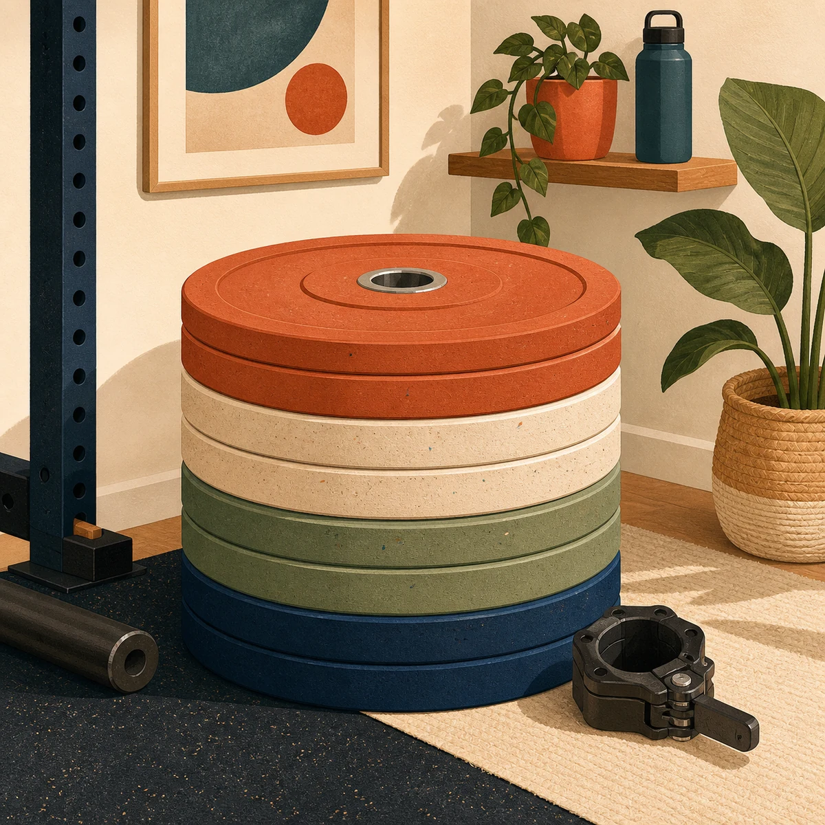 Editorial illustration of a stacked Olympic bumper plate set beside a barbell and collar