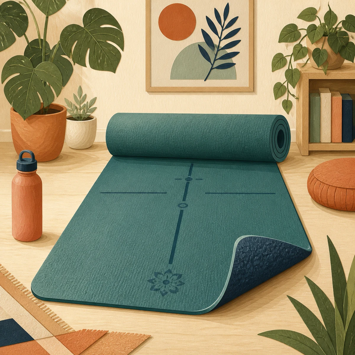 Editorial illustration of a thick teal yoga mat unrolled with alignment markings in a home workout space