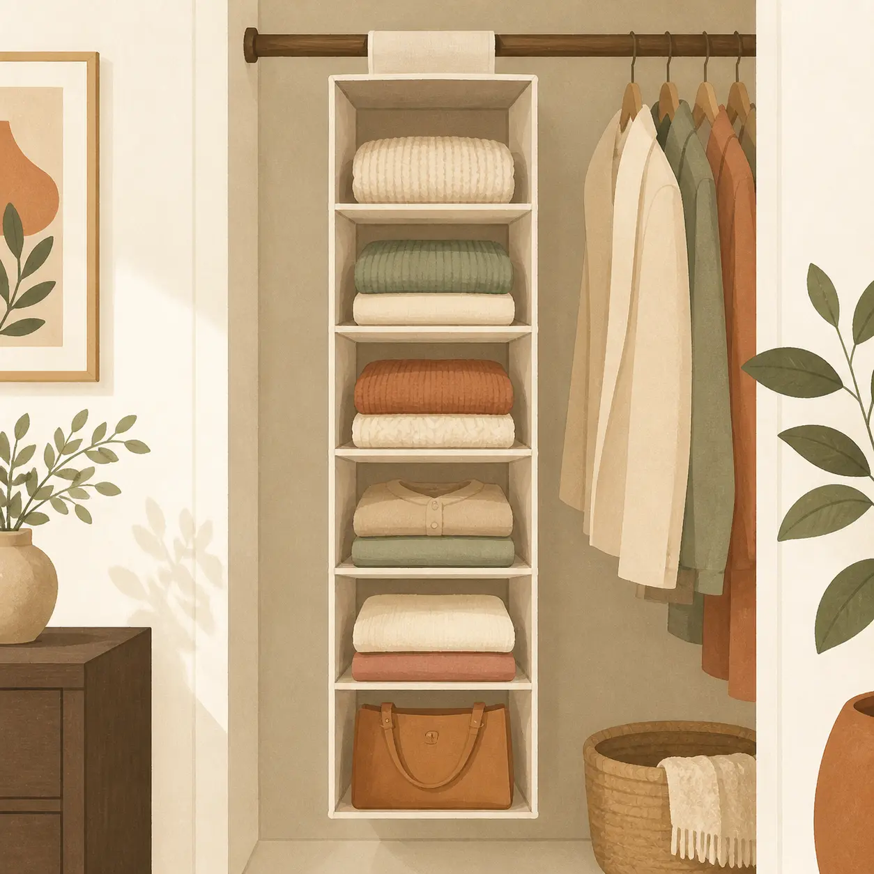 Illustration of a six-shelf hanging closet organizer