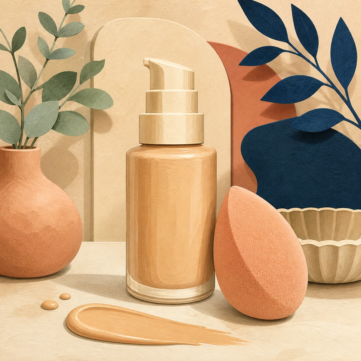 Illustration of a cushiony liquid foundation pump bottle beside a teardrop sponge and a smooth swatch