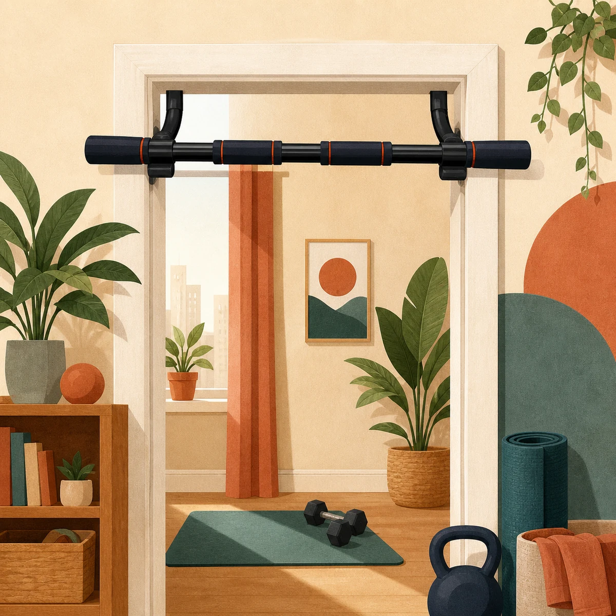 Editorial illustration of a padded pull-up bar fitted securely across a doorway