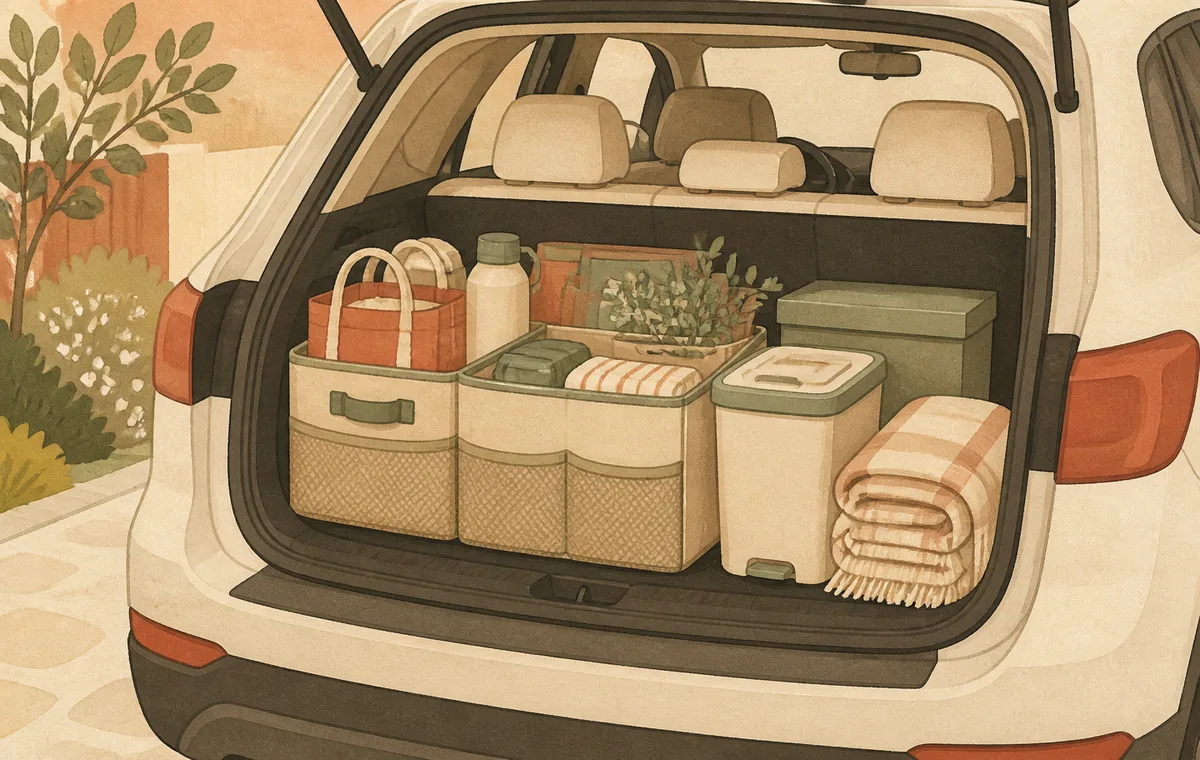 Illustration of a tidy open car trunk with fabric organizers and boxes