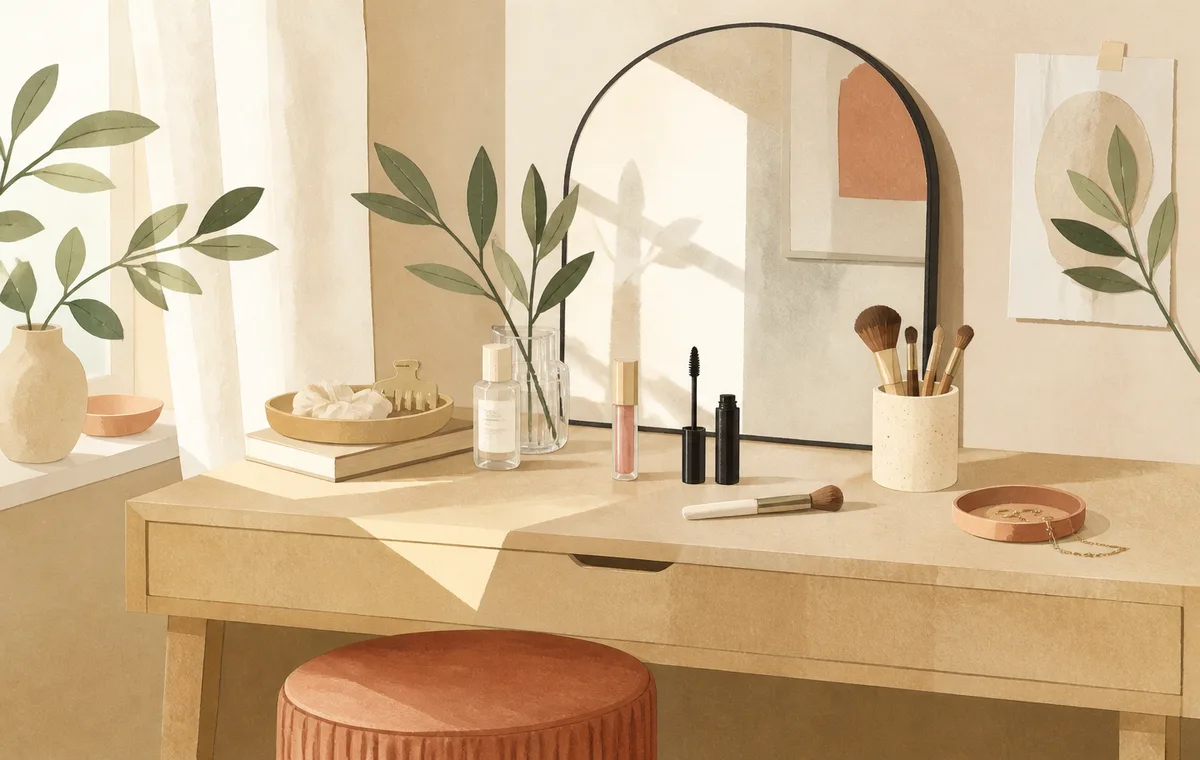 Illustration of a sunlit vanity table with everyday makeup and brushes