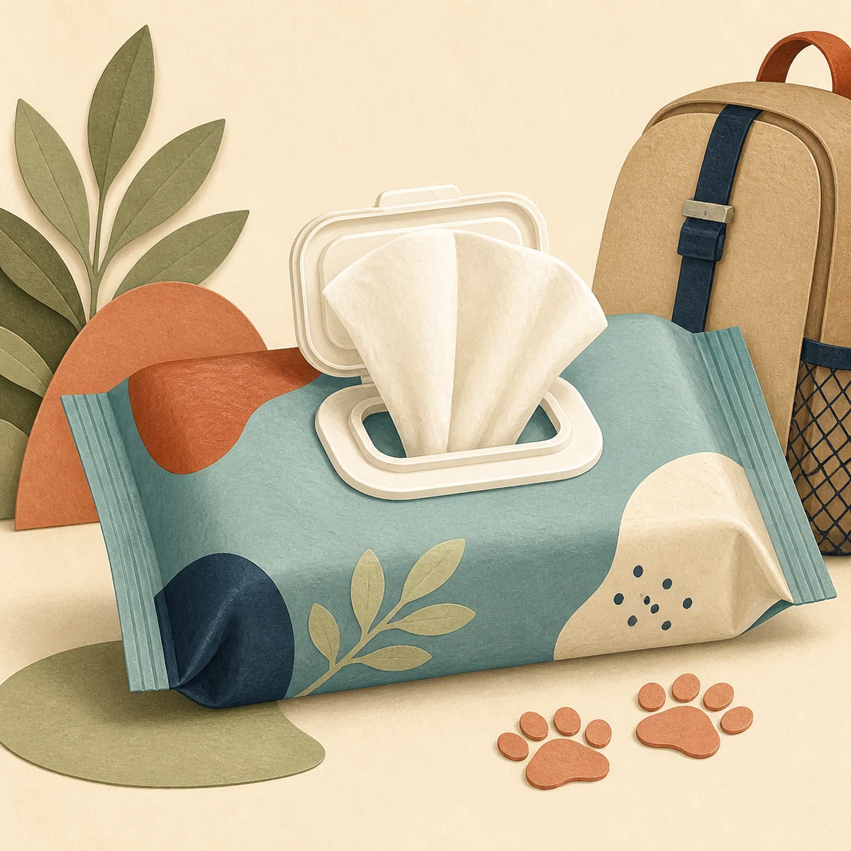 Editorial illustration of a travel pack of dog cleansing wipes with a wipe pulled from the lid