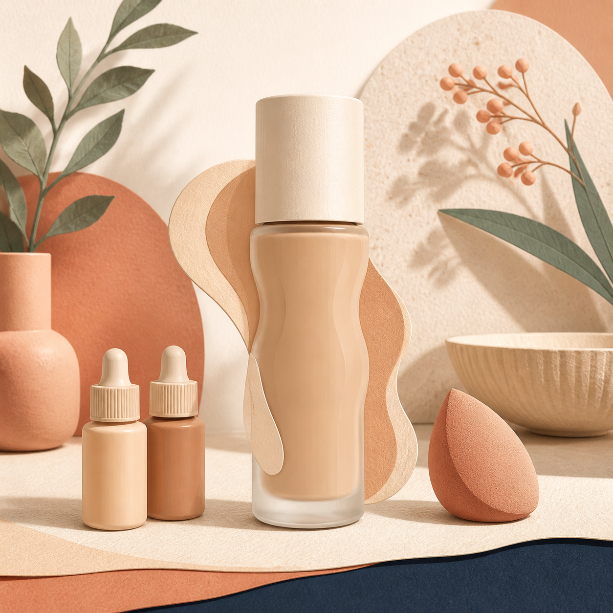 Editorial illustration of a color-adapting liquid foundation bottle with shade drops and a blending sponge