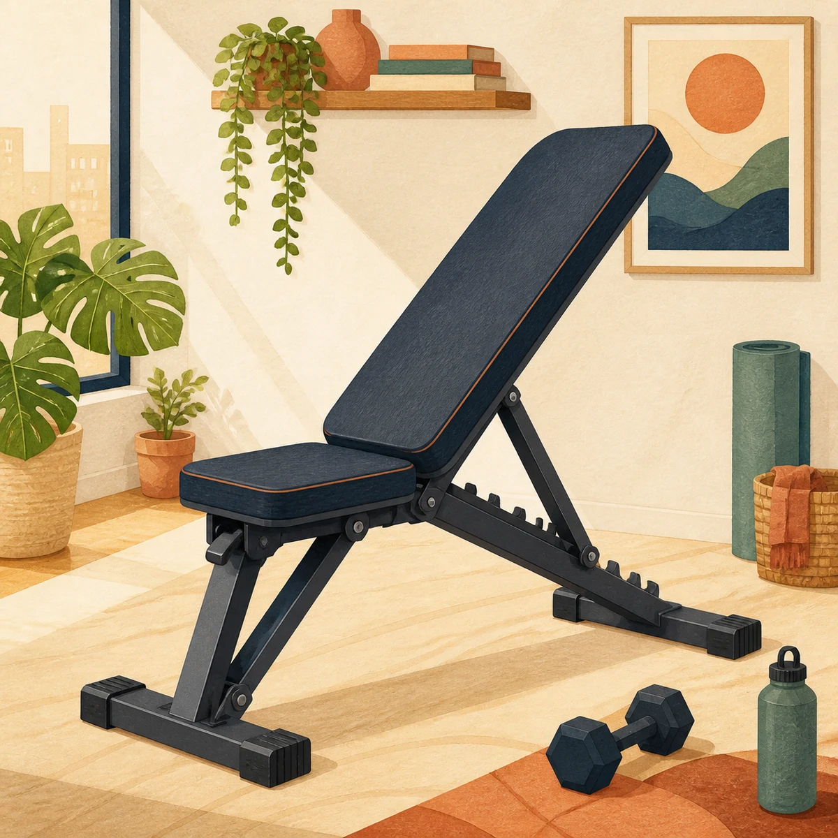 Editorial illustration of an adjustable weight bench set to an incline in a compact workout room