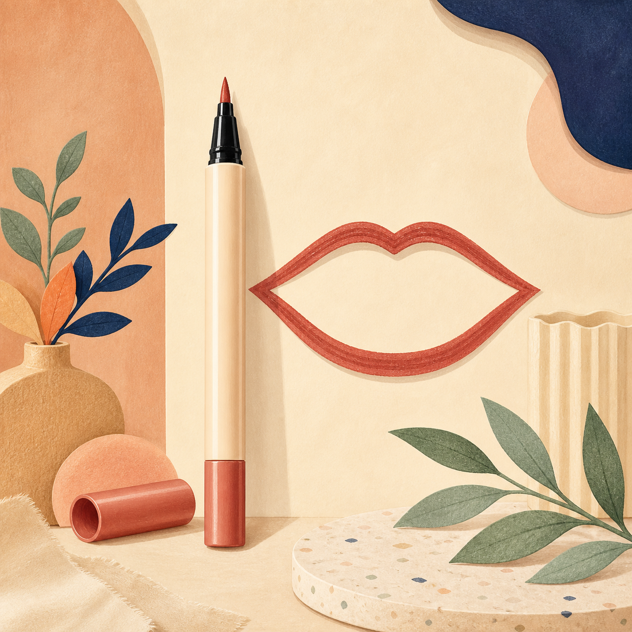 Editorial illustration of a peel-off lip stain liner beside a terracotta lip outline