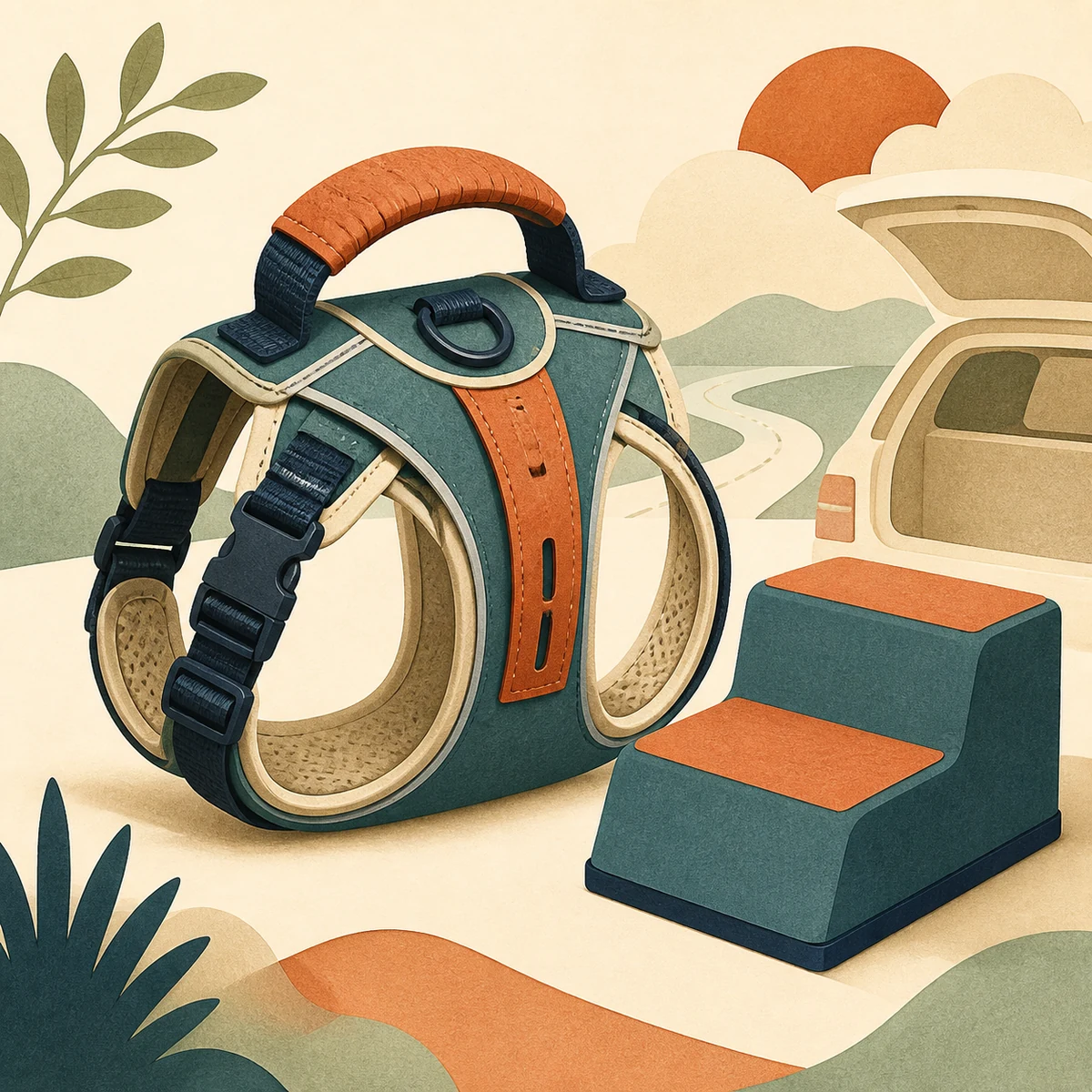 Editorial illustration of a padded dog harness with a sturdy top handle beside car steps