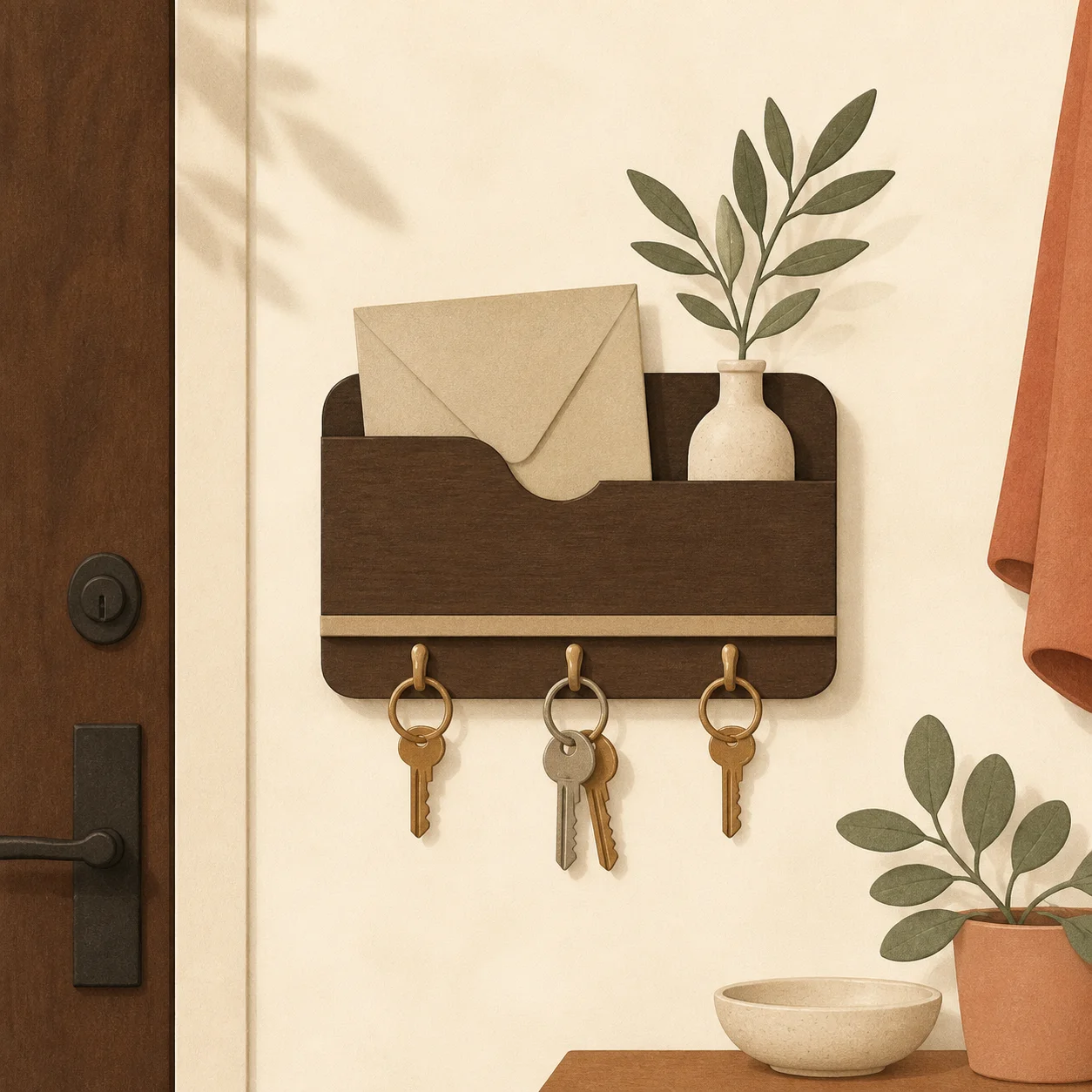 Illustration of a key-and-mail wall organizer