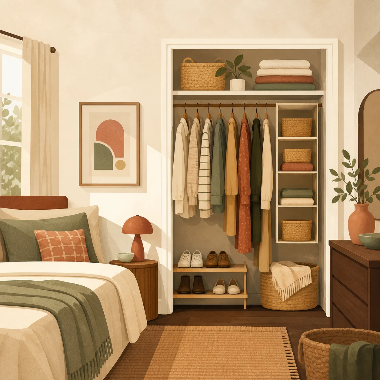 Illustration of an organized small apartment bedroom closet