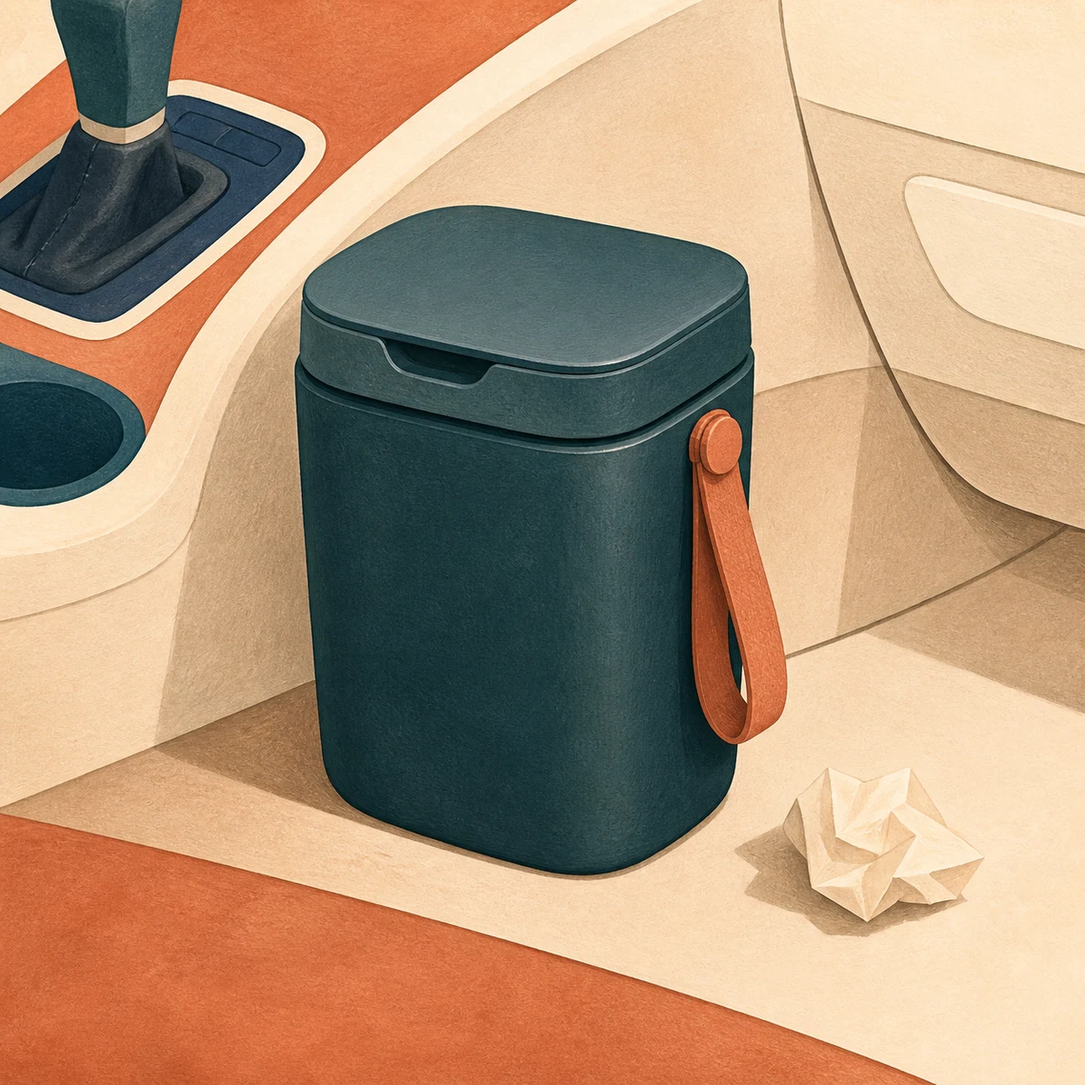 Illustration of a lidded leakproof car trash can with a hanging strap