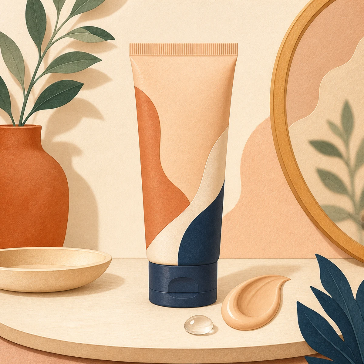 Illustration of a hydrating BB cream tube with a tinted swatch and a droplet of moisture
