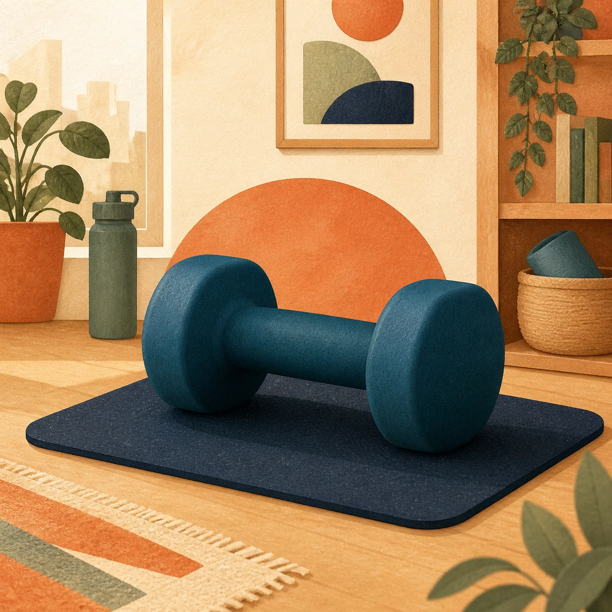 Editorial illustration of a single navy rubber-coated dumbbell in a warm home gym corner