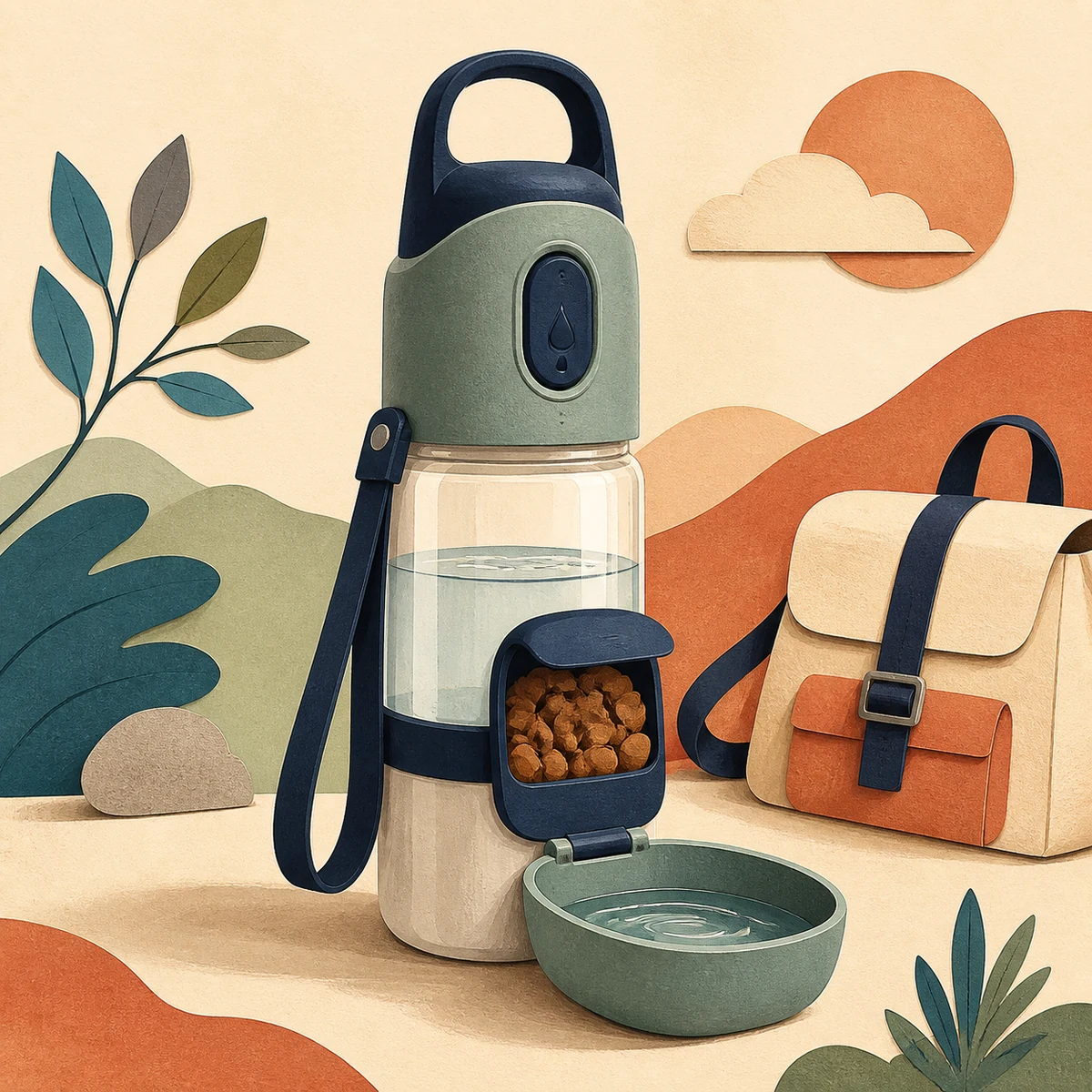 Editorial illustration of a portable dog water bottle with an integrated food container and bowl