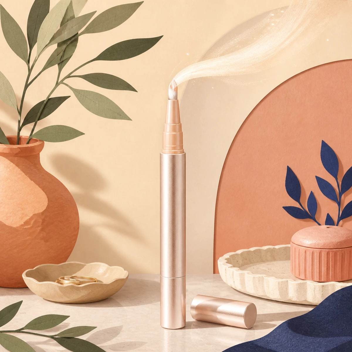 Illustration of a slim brush-tip under-eye brightening pen with a luminous sweep of product