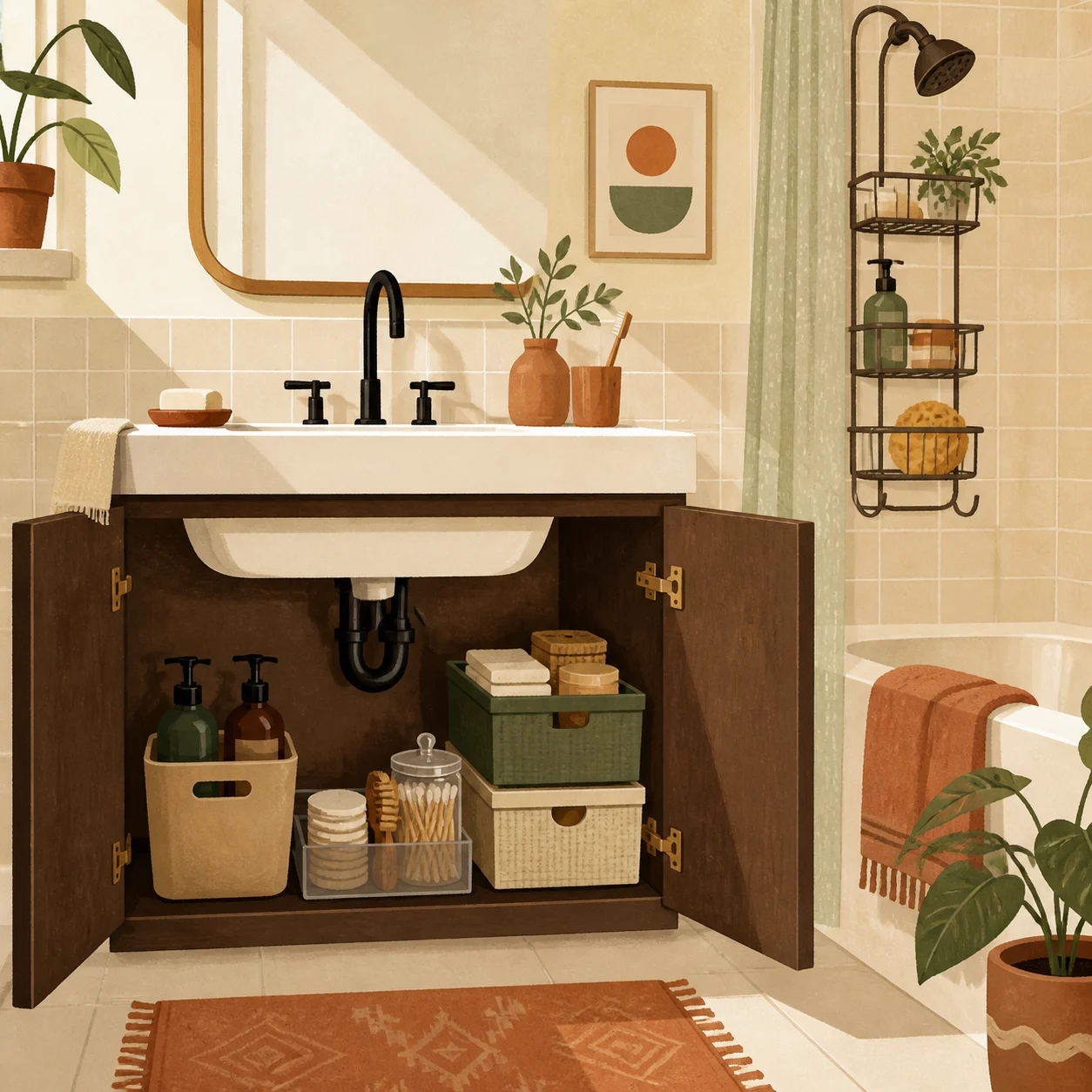 Illustration of an organized small bathroom and under-sink cabinet