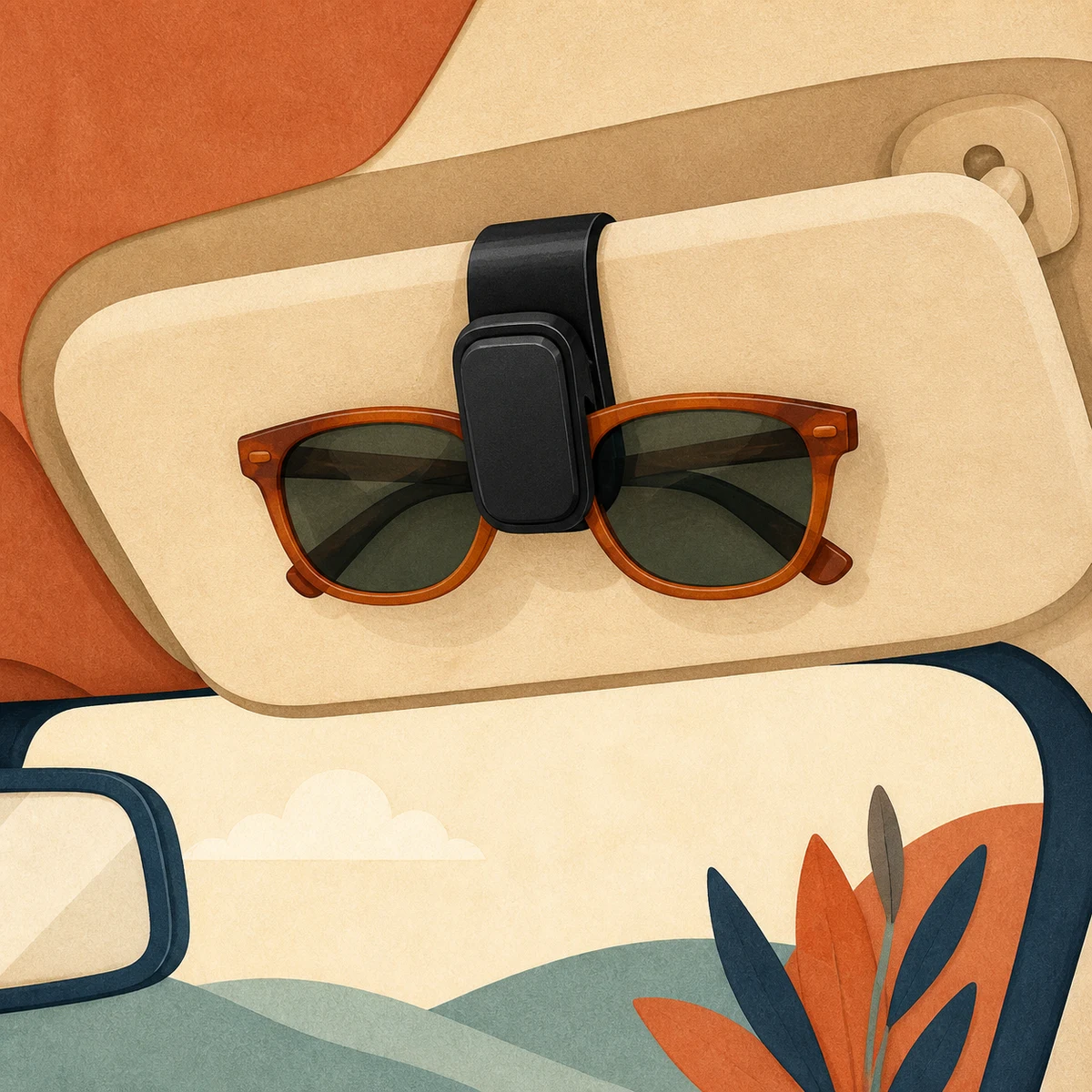 Illustration of a magnetic sunglasses holder clipped to a car sun visor