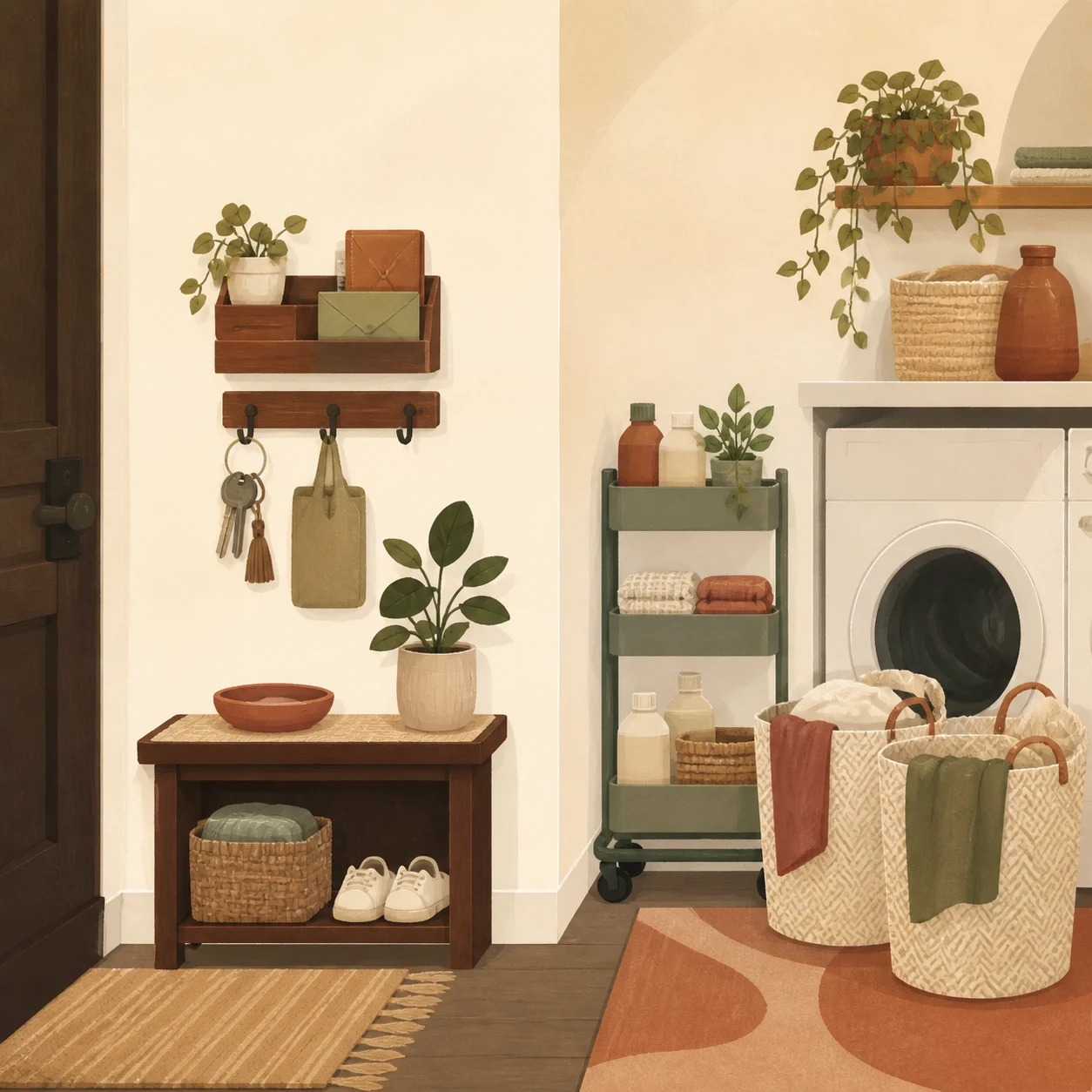 Illustration of an organized apartment entryway and laundry corner