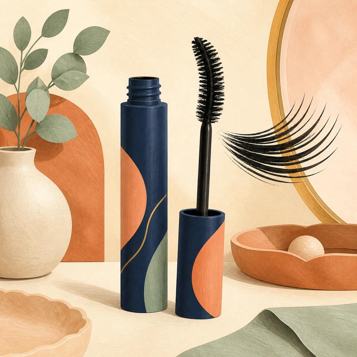 Illustration of an open volumizing mascara tube with its brush wand and fanned lashes