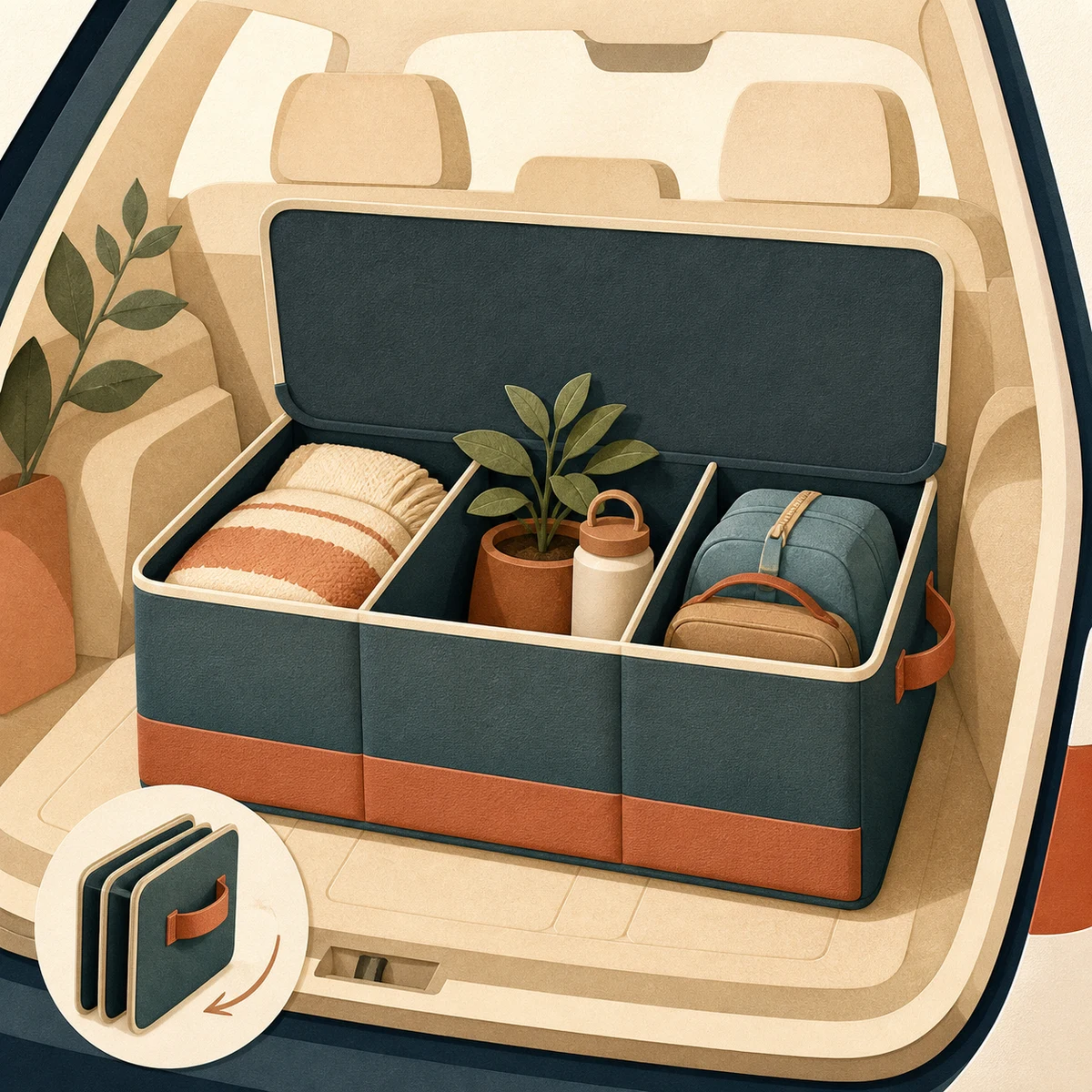 Illustration of a divided foldable trunk organizer in an open car boot