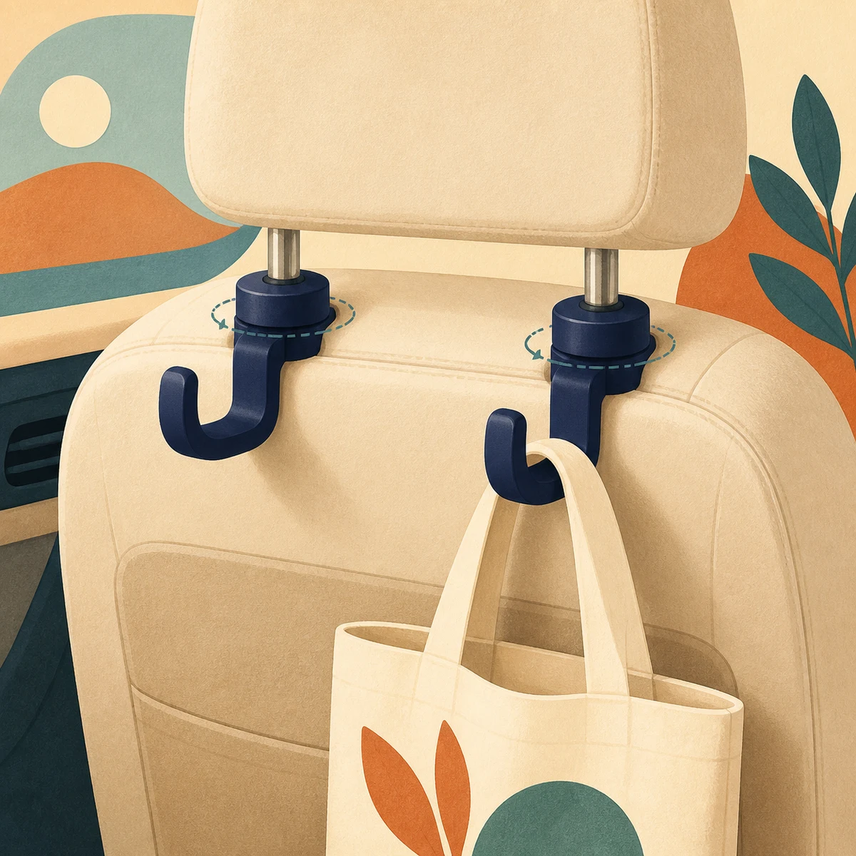 Illustration of two headrest storage hooks holding a tote bag behind a car seat