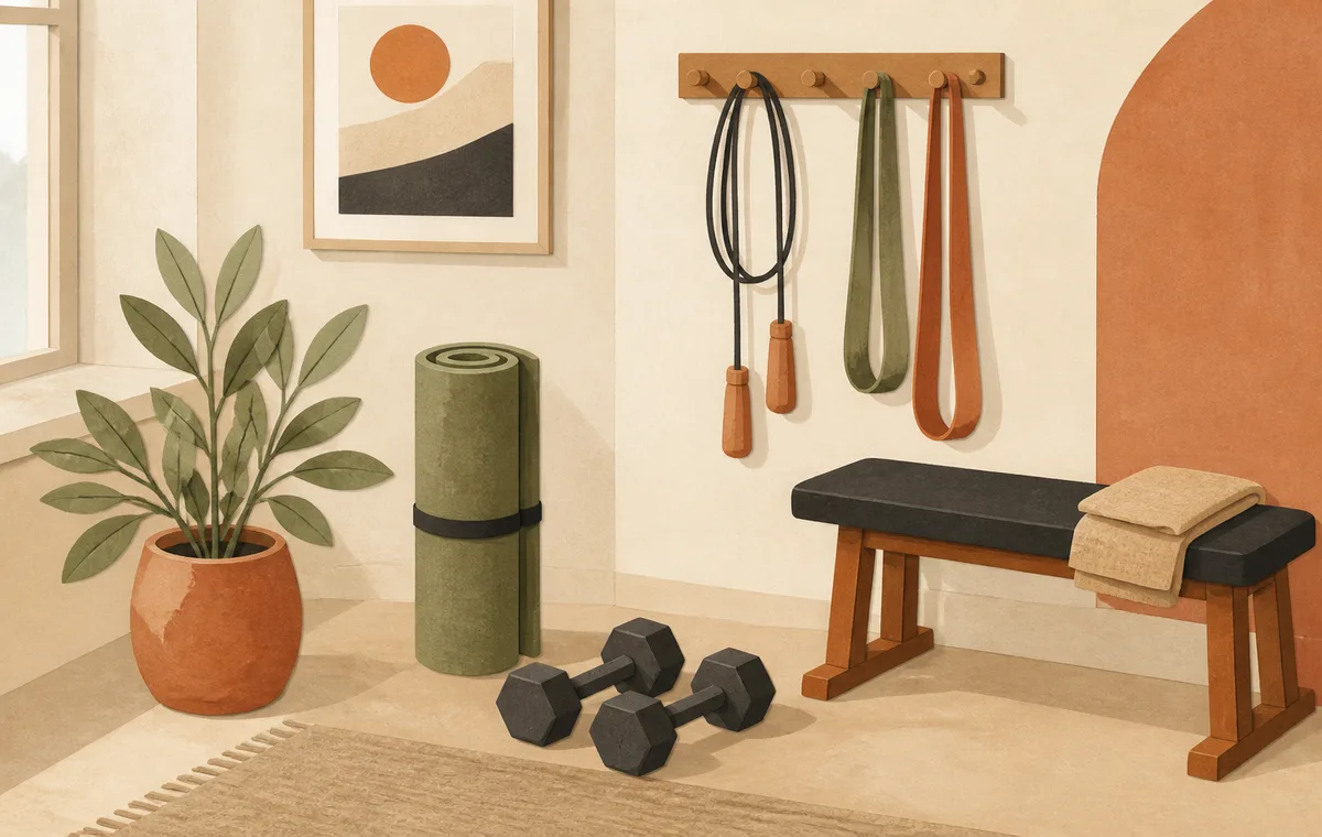 Illustration of a compact apartment workout corner with a mat, dumbbells and a bench