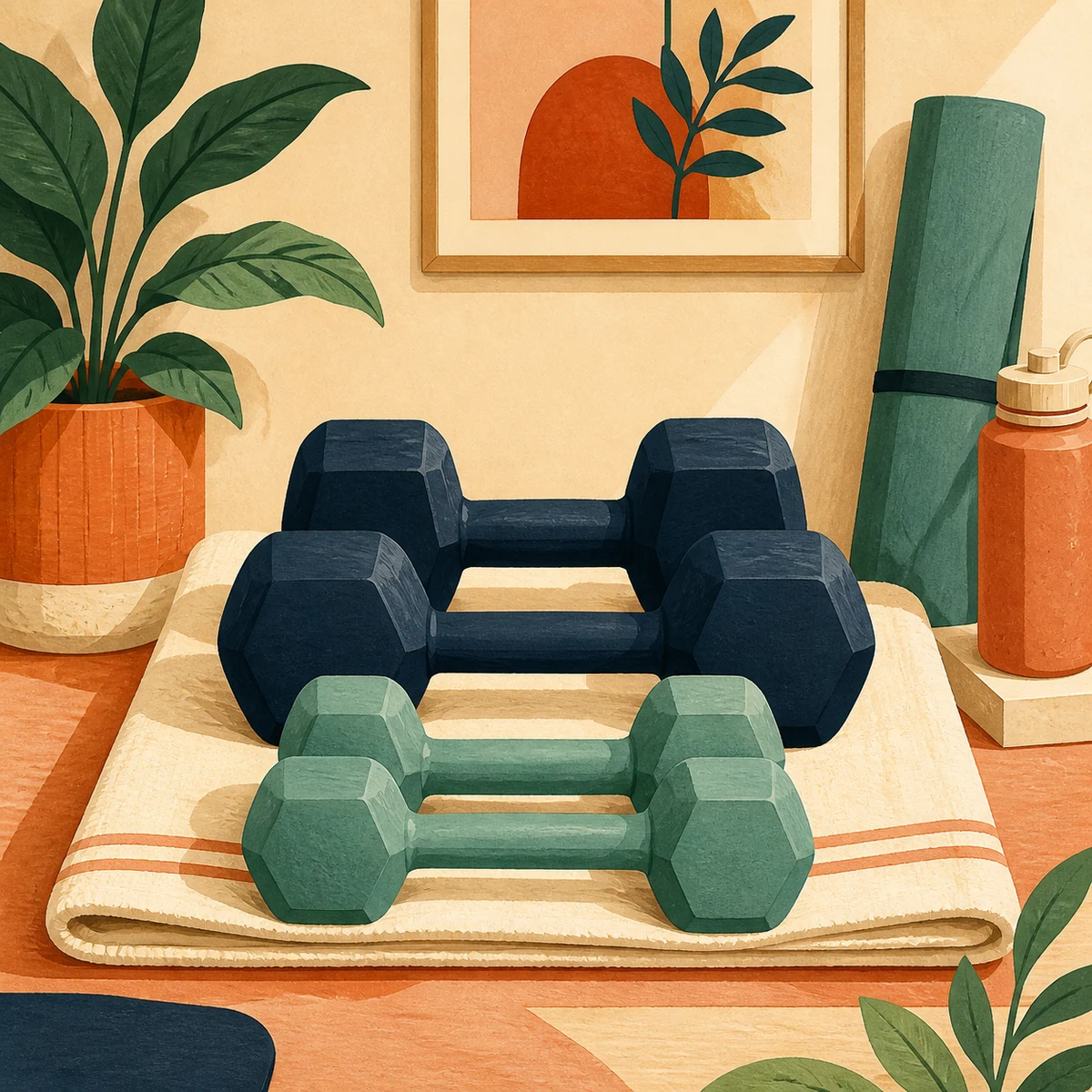 Editorial illustration of paired rubber hex dumbbells in two weights arranged on a folded mat